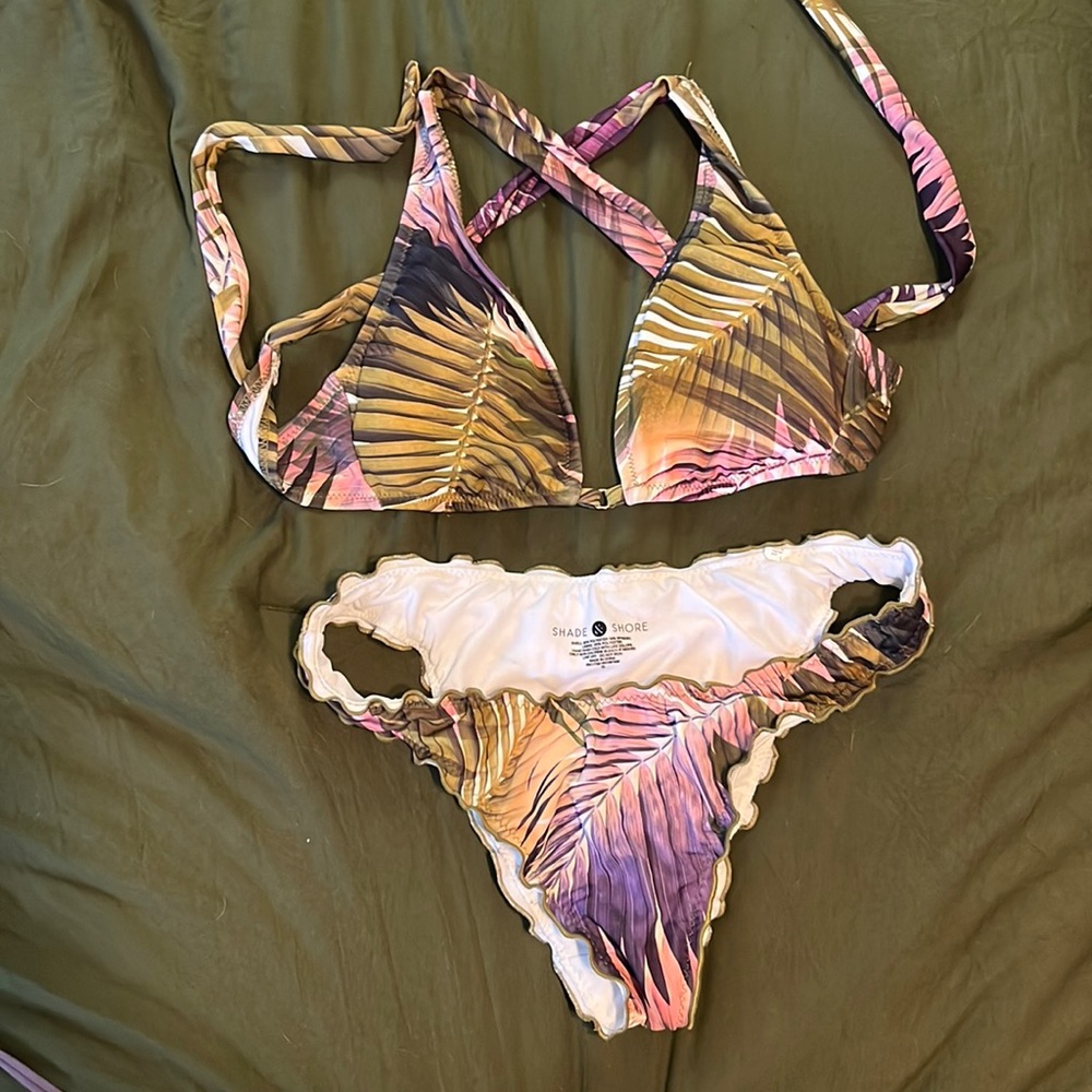 Shade & Shore bikini palm design green and purple worn once size small